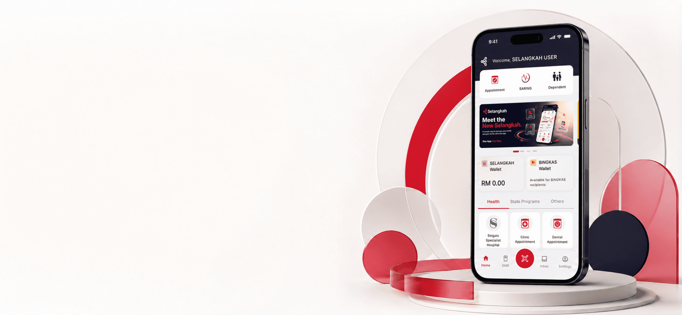 Selangkah app on iPhone showing Home and Services screens