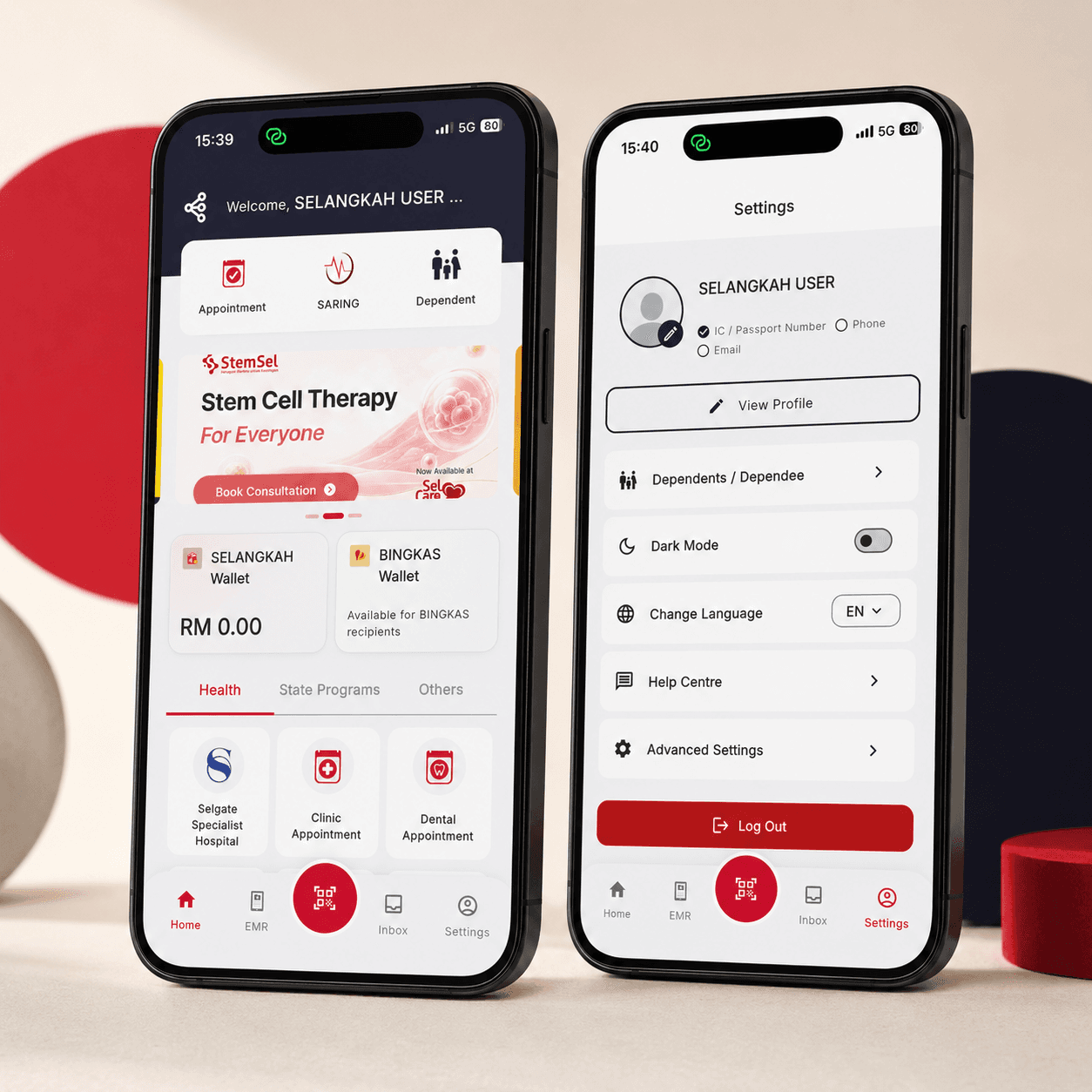 Selangkah app home and settings screens on two phones